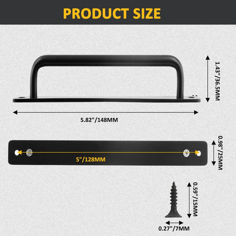Dimensions of 2 Pack Barn Door Pulls 5 Inch Long Base Handles For Shed And Gate with 5.82 inch overall length and screws