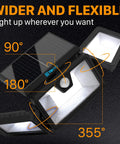 Outdoor Solar Security Lights 216 LED Flood Lights 2200 Lumens 6500K Daylight Ultra Wide 360 Degree Adjustable 3 Heads With 3 Modes Wireless Motion Sensor IP65 Waterproof Solar Powered Two Pack. Image showcasing adjustable angles 90°, 180°, and 355°.