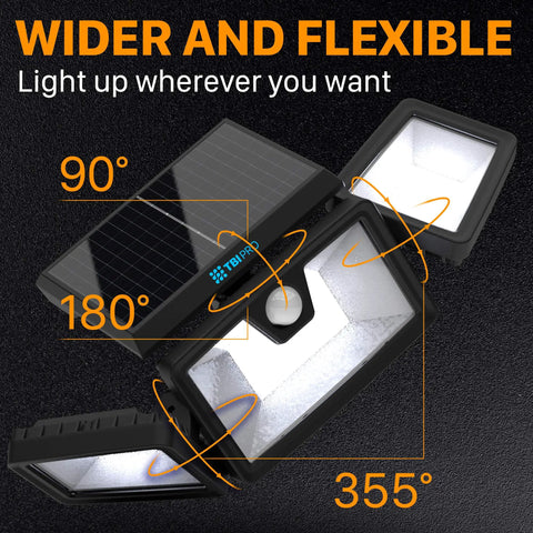 Outdoor Solar Security Lights 216 LED Flood Lights 2200 Lumens 6500K Daylight Ultra Wide 360 Degree Adjustable 3 Heads With 3 Modes Wireless Motion Sensor IP65 Waterproof Solar Powered Two Pack. Image showcasing adjustable angles 90°, 180°, and 355°.