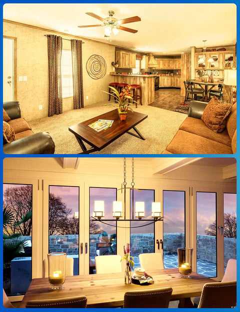 Living room and dining area with LED Ceiling Fan Light Bulbs 6W 60W Equivalent E12 Small Base 5000K Daylight non-dimmable.