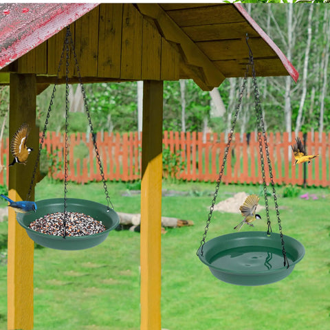 Hanging Bird Feeder And Bird Bath Combo For Outdoors Ready For Easy Setup 10 Inch Tray 16 Inch Chain Durable Plastic Includes Hole And No Hole Trays Attract Cardinals Blue Jays Crows Yard Friendly