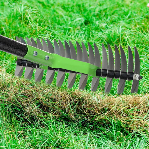 65 Inch Thatch Rake And Garden Rake Dual Sided Sharp Steel Tines Adjustable Handle Lightweight Reversible Head in action