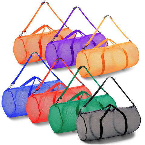 Array of colorful oversized mesh duffle bags with zipper and adjustable shoulder strap, showcasing different colors and design.