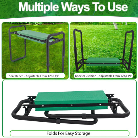 Adjustable Garden Kneeler And Seat With Handles Heavy Duty Outdoor Foldable Portable Garden Stool Thick EVA Foam Pad Folded and Unfolded Views