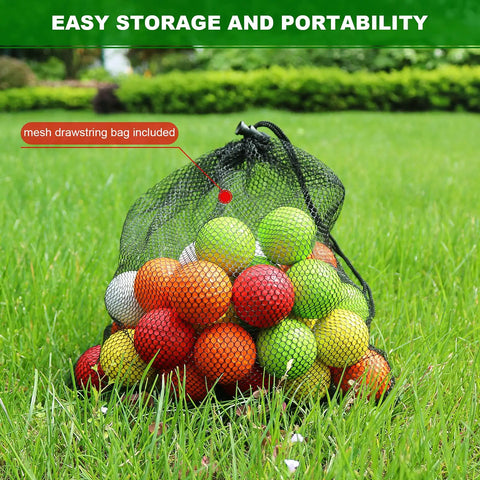 40 Pack Foam Golf Practice Balls With Realistic Feel For Indoor And Outdoor Training in mesh drawstring bag on grass