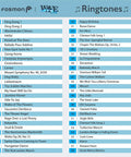 List of 58 ringtones for wireless door chime and driveway alarm with motion sensor, showing song titles and musical tunes.