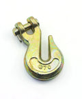 Pack Of 8 Grade 70 Clevis Grab Hooks 3/8 Inch Yellow Chromate Finish Drop Forged Steel Zinc Plated Pin 6600 Lb showing a single hook close-up.