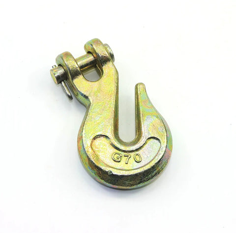 Pack Of 8 Grade 70 Clevis Grab Hooks 3/8 Inch Yellow Chromate Finish Drop Forged Steel Zinc Plated Pin 6600 Lb showing a single hook close-up.