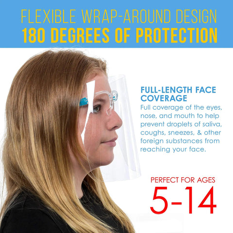 Child wearing Kids Face Shields With Glasses Frames Case Of 200 Includes 40 Of Each Color Green Yellow Blue Red Clear Anti Fog