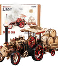 Electric Vintage Steam Engine 3D Puzzle Kit For Adults showing assembled wooden model with motor and trailer