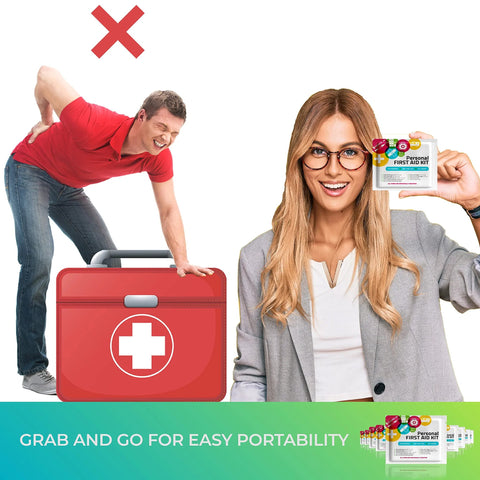 First aid kit in a red hard-shell case with a white cross; woman displays a mini travel-size first aid packet beside it.