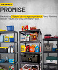 Workhorse 4 Shelf Plastic Storage Shelves Unit 48 Inch By 23 Inch By 14 Inch Holds Up To 200 Lbs Great For Pantry Garage Closet And Office Easy To Assemble Durable Plastic Shelving. Black 4-shelf plastic storage unit in garage with household items