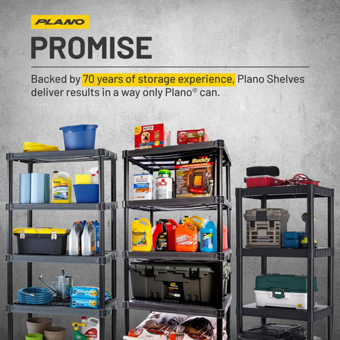 Workhorse 4 Shelf Plastic Storage Shelves Unit 48 Inch By 23 Inch By 14 Inch Holds Up To 200 Lbs Great For Pantry Garage Closet And Office Easy To Assemble Durable Plastic Shelving. Black 4-shelf plastic storage unit in garage with household items