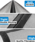 Close-up of Magnetic Garage Door Screen For Two Car Garage 16 By 7 Feet Fits Up To 194 By 84 Inches With 36 Magnets showing anti-scratch, tight stitching, and high-quality fiberglass features.