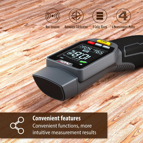 Six In One Pinless Moisture Meter For Drywall And More, Noninvasive Humidity Sensor With Gypsum Cement Board Cork Hardwood Mildew Index, Surface Safe, No Pinholes Or Scratches, Fast Accurate Readouts on hardwood floor