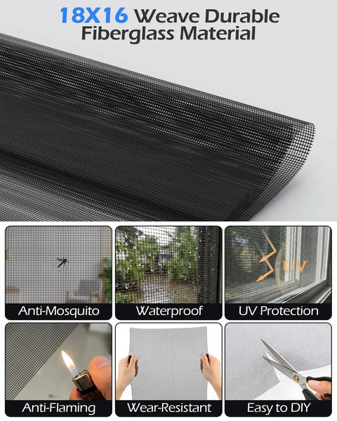 18X16 Weave Durable Fiberglass Material for Six Piece Window And Door Screen Replacement Repair Kit With Charcoal Fiberglass Mesh Vinyl Spline Tools.