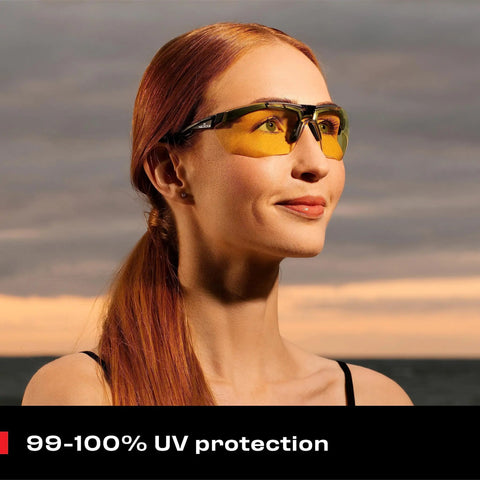 Woman wearing Yellow Safety Glasses For Men, ANSI Z87 Rated Shooting Eyewear with Scratch and Fog Resistant Lenses outdoors.