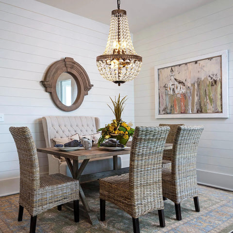 Dining room with Six Light French Empire Crystal Chandelier With Antique Bronze Finish For Farmhouse Ceiling Pendant Lighting.