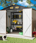 Weatherproof 8x6 Feet Outdoor Storage Shed With Lockable Doors Thick Galvanized Steel Construction showing garden tools inside