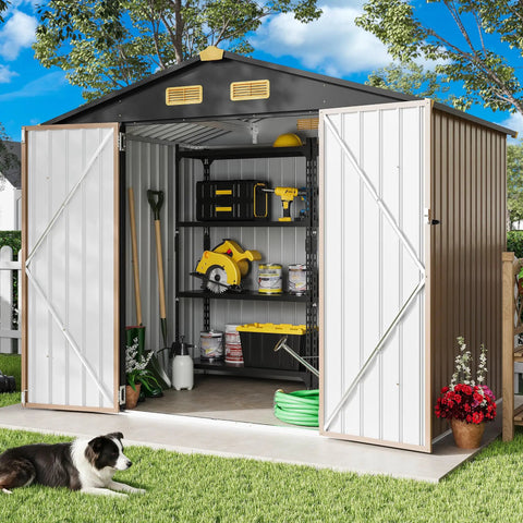 Weatherproof 8x6 Feet Outdoor Storage Shed With Lockable Doors Thick Galvanized Steel Construction showing garden tools inside