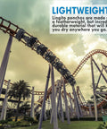 Roller coaster under cloudy sky with text about lightweight Lingito ponchos, related to Clear Emergency Rain Ponchos For Adults Thick 0.03mm PE