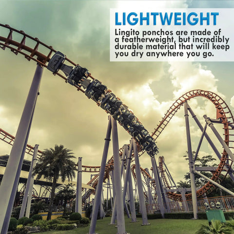 Roller coaster under cloudy sky with text about lightweight Lingito ponchos, related to Clear Emergency Rain Ponchos For Adults Thick 0.03mm PE