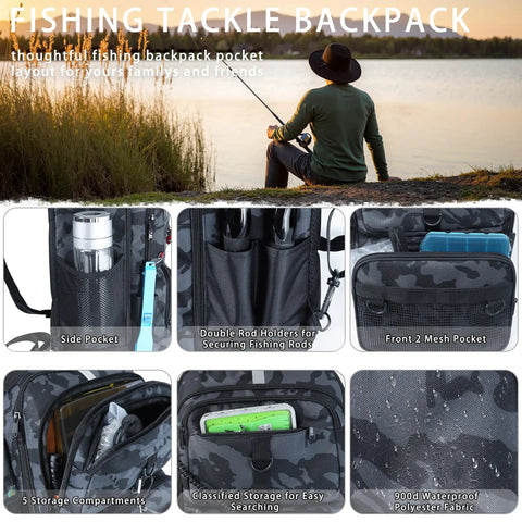 Fishing Backpack Sling Bag With Built In 139 Piece Tackle Kit And Rod Holder 24L Black Camo Gear Bag compartments and use