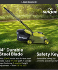 Walk-Behind Cordless Push Lawn Mower With 14 Inch Cutting Width Brushless Motor Rechargeable 4Ah Battery And Charger Green 24V For Small To Medium Lawns, 14-inch steel blade