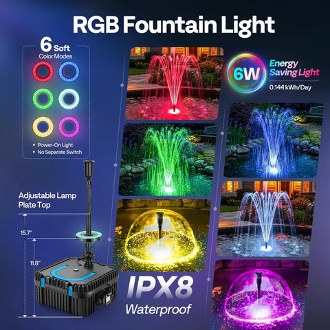 690GPH Submersible Pond Filter Pump With RGB LED Fountain Light showcasing six color modes for koi ponds and outdoor features.