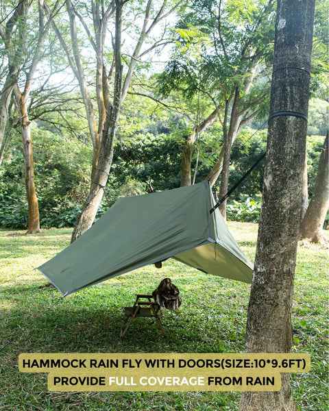 Camping Hammock With Net And Rain Fly Portable Lightweight Outdoor Hammock Tent Kit With 20 Ft Tree Straps and Rain Fly setup in forest