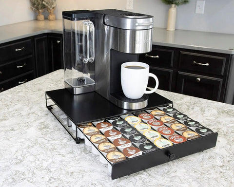 Rolling Black Finish Coffee Pod Storage Drawer For K Cups Holds 42 Pods Extra Wide Under Coffee Pot Space Slim Countertop Organizer