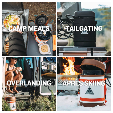 Collage of 5 Pound Refillable Propane Tank Kit With Carry Case And 4 Foot Hose Adapter used in different settings like camp meals and tailgating.