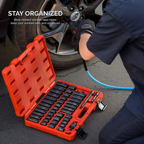 Person using 3/8 Inch Drive Impact Socket Set With SAE And Metric Sizes, 44-Piece Kit Includes Extension Bars And U-Joint, Heavy Duty Impact Sockets For Tough Jobs, From 5/16 To 3/4 Inch And 8 Mm To 19 Mm on car wheel next to open orange case.