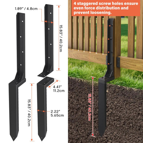 No Nonsense Heavy Duty Fence Post Repair Kit 2 Pack Steel Ground Spike Anchors For Wood Posts, Easy Fix For Tilted Or Broken 4x4 And 6x6 Fence Posts, Black Stakes And Supports For Outdoor Use showing dimensions and installation