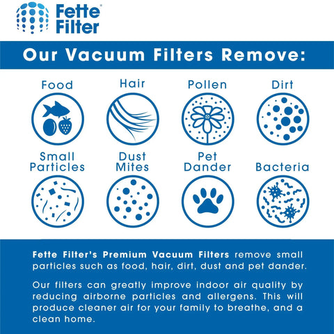 Chart showing particles removed by vacuum filters: food, hair, pollen, dirt, small particles, dust mites, pet dander, bacteria.