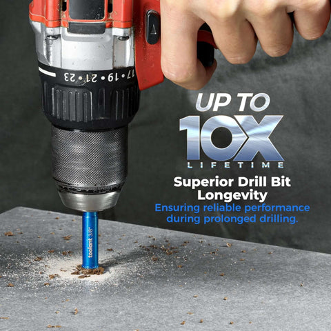 Toolant 10-piece diamond tile drill bit set; blue drill bit in use drilling ceramic tile.