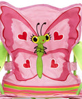 Kid Sized Butterfly Back Folding Chair With Built In Cup Holder In Armrest, Pink And Green Butterfly Theme, Backrest Detail