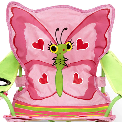 Kid Sized Butterfly Back Folding Chair With Built In Cup Holder In Armrest, Pink And Green Butterfly Theme, Backrest Detail