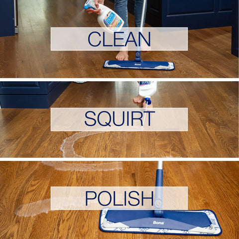 Three-step process: applying Low Gloss Hardwood Floor Polish That Revives Dull Wood And Gives A Smooth, Home Ready Shine on wood floor
