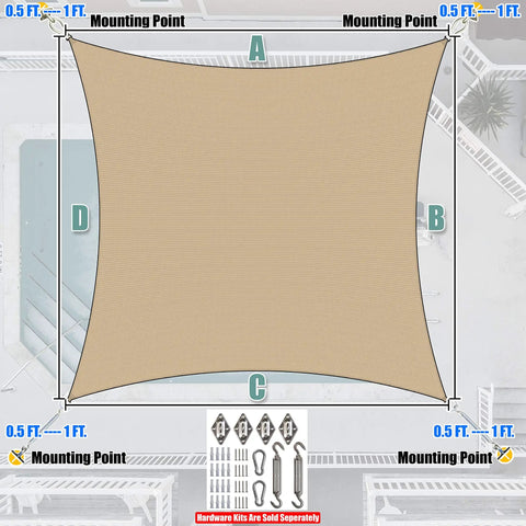 Sand Beige 10x10 Square Sun Shade Sail Canopy UPF50 Plus Outdoor Patio Shade Breathable Water Permeable installation diagram