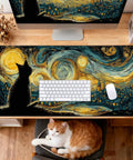 Starry Night Cat Desk Mat Extended Large 31.5 by 15.7 Inch Anime Mouse Pad For Keyboard And Laptop Office And Gaming Desk Protector