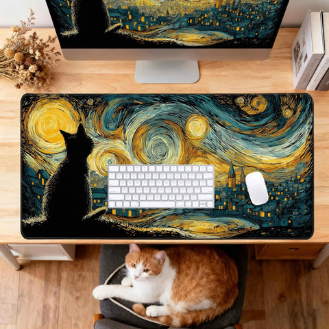 Starry Night Cat Desk Mat Extended Large 31.5 by 15.7 Inch Anime Mouse Pad For Keyboard And Laptop Office And Gaming Desk Protector