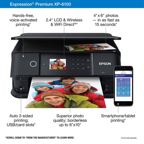 Slick Wireless Color All In One Inkjet Printer Featuring Killer Five Color Photo System For Crisp Documents And Legit Eight By Ten Prints Perfect For Your Home Office Setup Or Creative Project Workflow, showing printing options and smartphone connectivity.