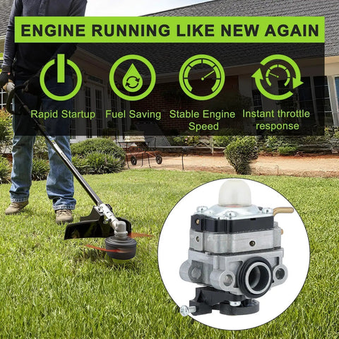 Ryobi 25cc Two Cycle Carburetor Replacement Kit For Ry252CS Ry253SS Ry251PH Ry254BC shown with efficient trimmer use on lawn