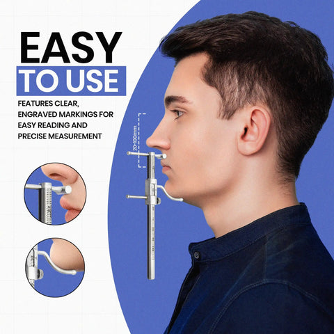 Pro Grade Adjustable Bracket Height Orthodontic Gauge With Movable Locator For Precise Occlusion And Prosthodontics VDO Scale Measuring 20mm To 100mm Dentist Lab Tool For Implants And Dental Prostheses on a man's profile