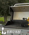 Ultra Stiff Drill Powered Cleaning Brush Set For Serious BBQ Grill Degreasing And Heavy Duty Paint Stripping shows an electric drill and nylon brushes on a grill.