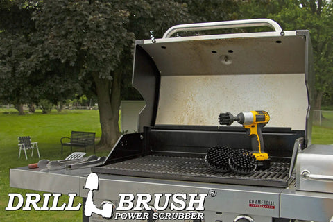 Ultra Stiff Drill Powered Cleaning Brush Set For Serious BBQ Grill Degreasing And Heavy Duty Paint Stripping shows an electric drill and nylon brushes on a grill.