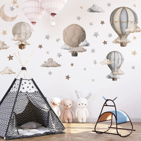 Dreamy Hot Air Balloon and Star Wall Decals Peel and Stick Vinyl Wall Stickers for Kiddo Sized Kids Room Nursery Decor with tent
