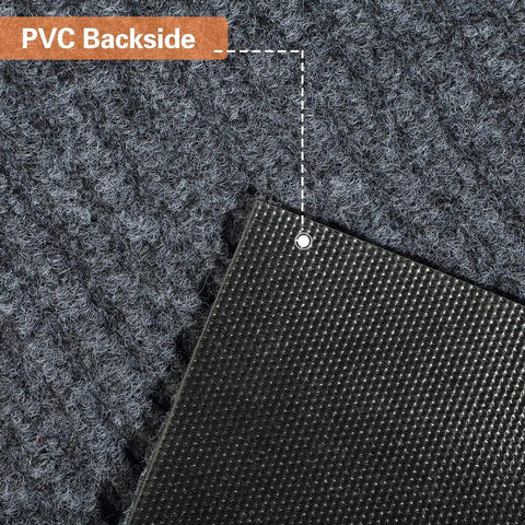 Close-up of PVC backside on Cut To Fit Waterproof Door Mat Roll With Rubber Lining For Indoor Outdoor Use In Wet Weather, 24x197 inches, gray.
