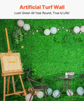 Artificial Boxwood Panel Set 24 Pack 20x20 Inch Green Hedge Wall Panels for privacy with decorative balloons and easel setup.